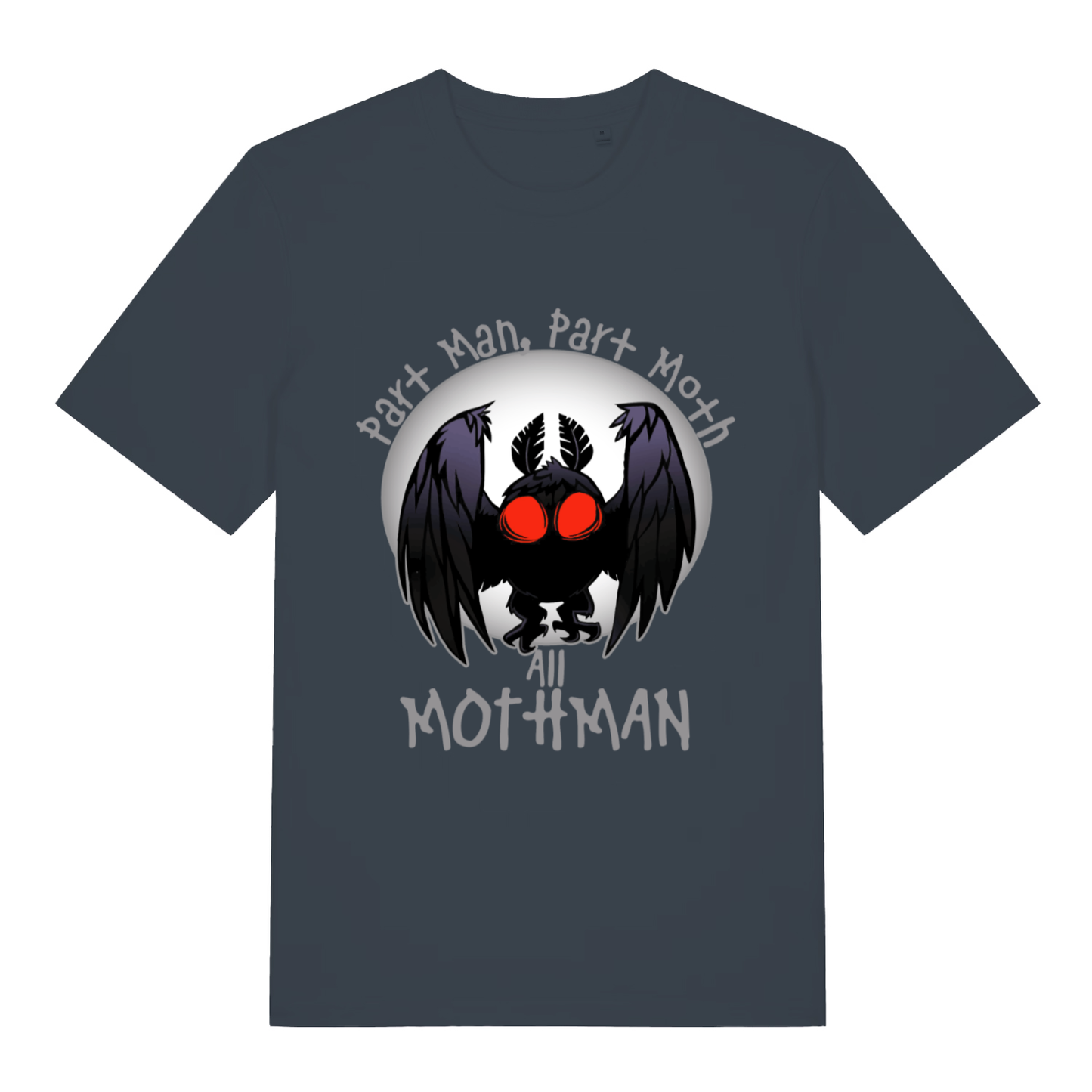Ink grey Part Man Part Moth All Mothman funny graphic t-shirt showing Mothman and “All MOTHMAN” lettering  