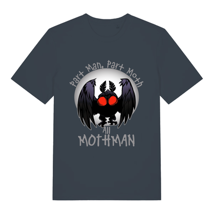 Ink grey Part Man Part Moth All Mothman funny graphic t-shirt showing Mothman and “All MOTHMAN” lettering  