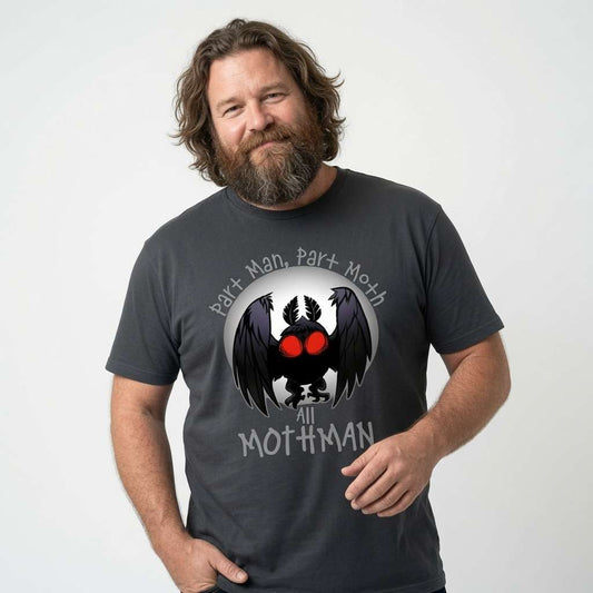 Bearded man smiling hand on hip in ink grey Part Man Part Moth All Mothman t-shirt featuring Mothman, mens witty moth man cryptid horror graphic