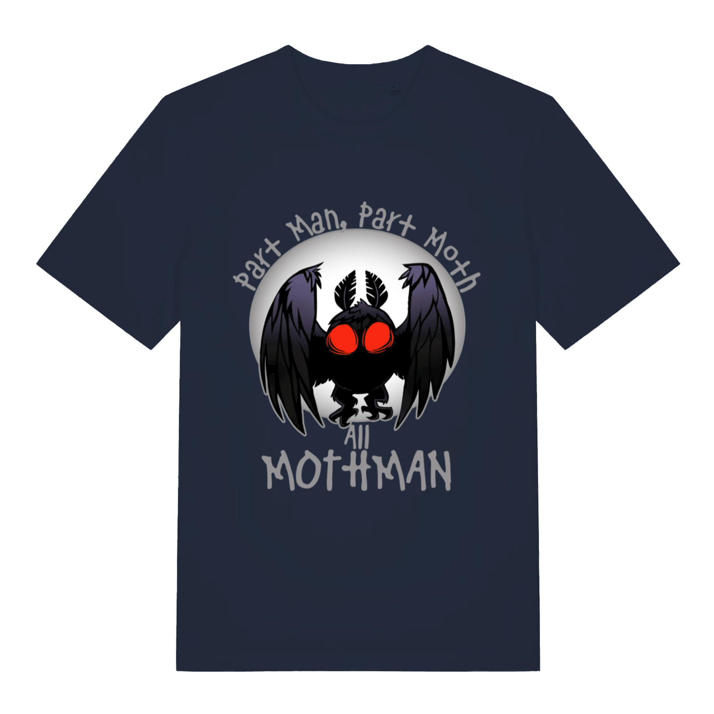 Navy Part Man Part Moth All Mothman funny graphic t-shirt with detailed Mothman and cryptid slogan  