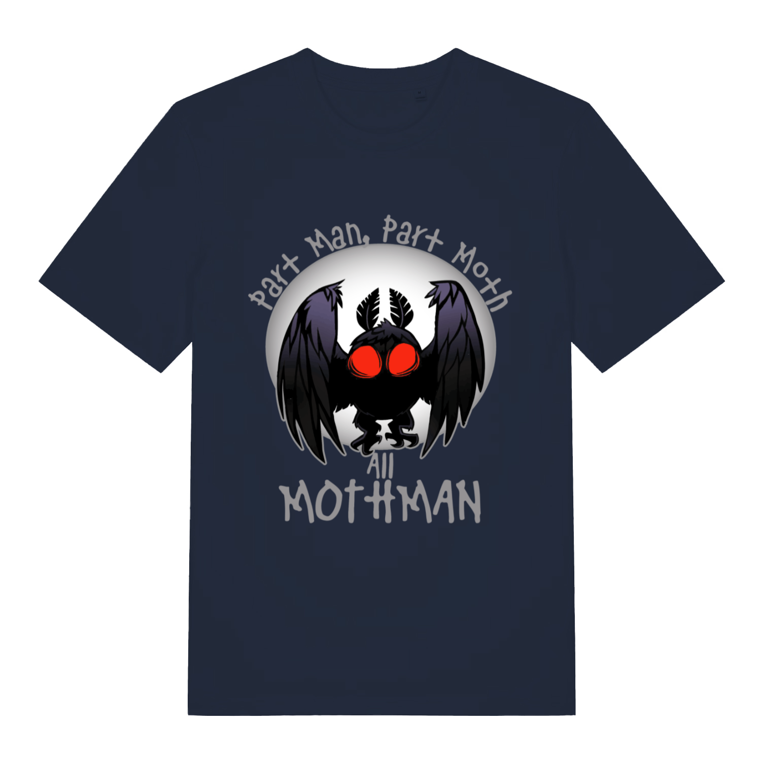 Navy Part Man Part Moth All Mothman funny graphic t-shirt with detailed Mothman and cryptid slogan  