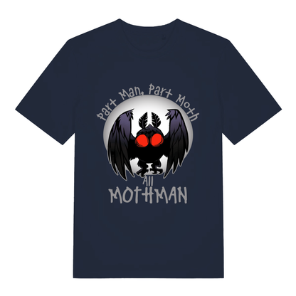 Navy Part Man Part Moth All Mothman funny graphic t-shirt with detailed Mothman and cryptid slogan  