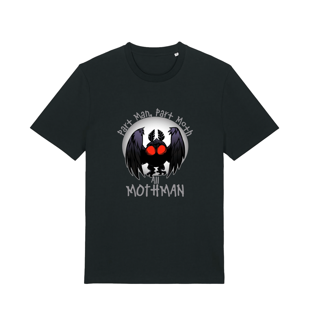 black gaming t-shirt with the graphic of a mothman and the slogan 'part man, part moth, all mothman'