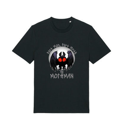 black gaming t-shirt with the graphic of a mothman and the slogan 'part man, part moth, all mothman'
