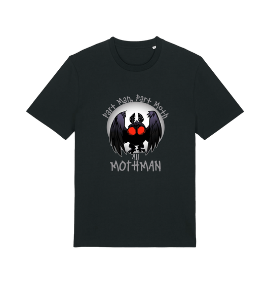 black gaming t-shirt with the graphic of a mothman and the slogan 'part man, part moth, all mothman'