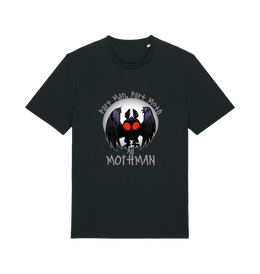 black gaming t-shirt with the graphic of a mothman and the slogan 'part man, part moth, all mothman'