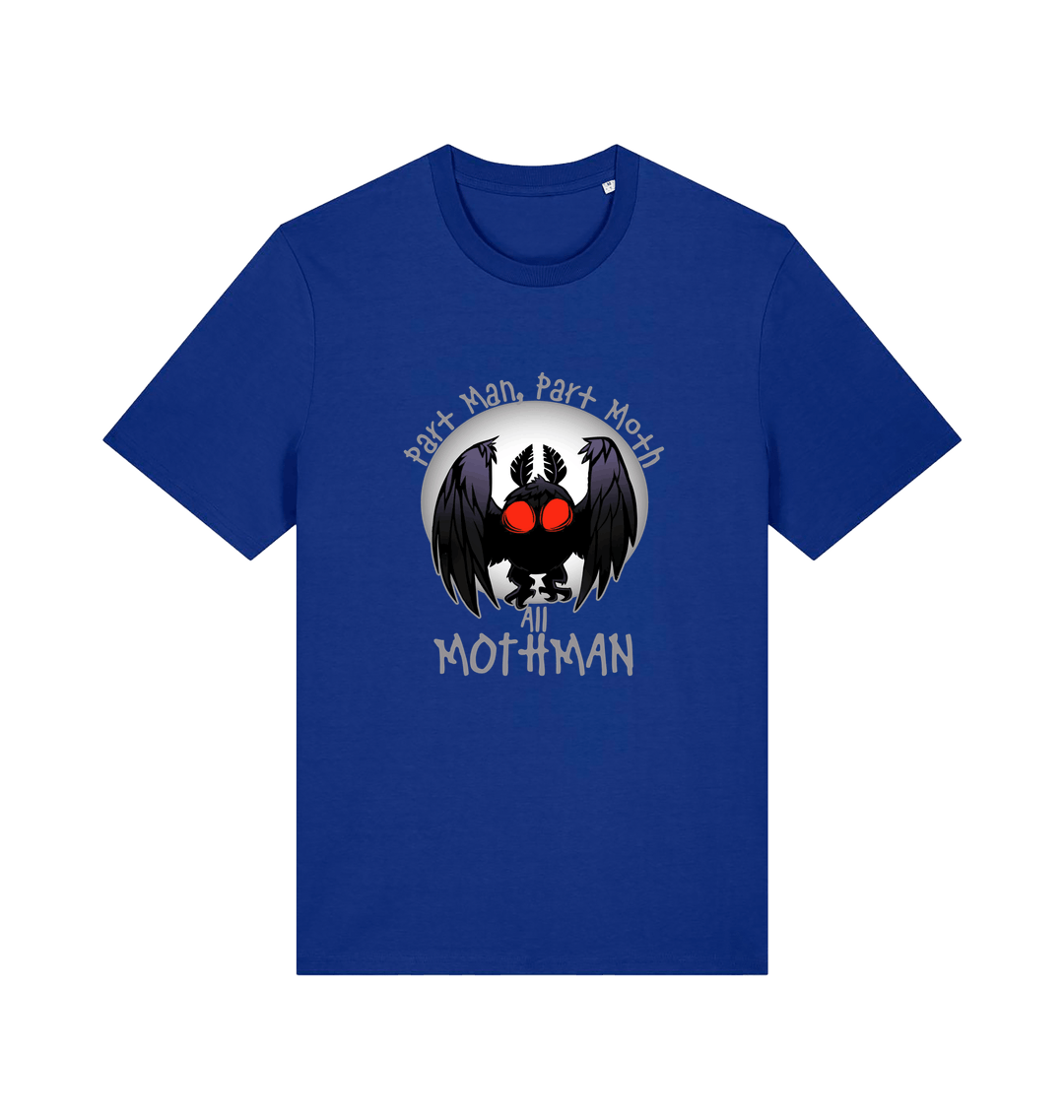 blue gaming t-shirt with the graphic of a mothman and the slogan 'part man, part moth, all mothman'