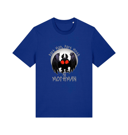 blue gaming t-shirt with the graphic of a mothman and the slogan 'part man, part moth, all mothman'