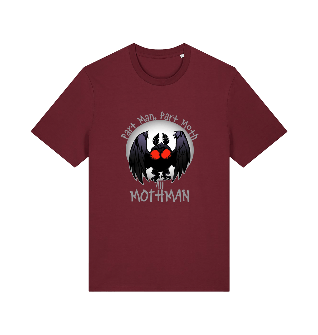 burgundy gaming t-shirt with the graphic of a mothman and the slogan 'part man, part moth, all mothman'