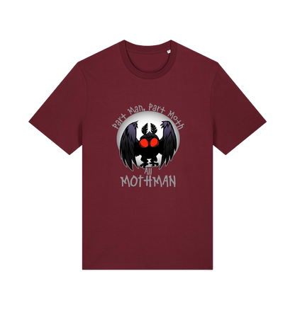 burgundy gaming t-shirt with the graphic of a mothman and the slogan 'part man, part moth, all mothman'
