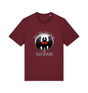burgundy gaming t-shirt with the graphic of a mothman and the slogan 'part man, part moth, all mothman'