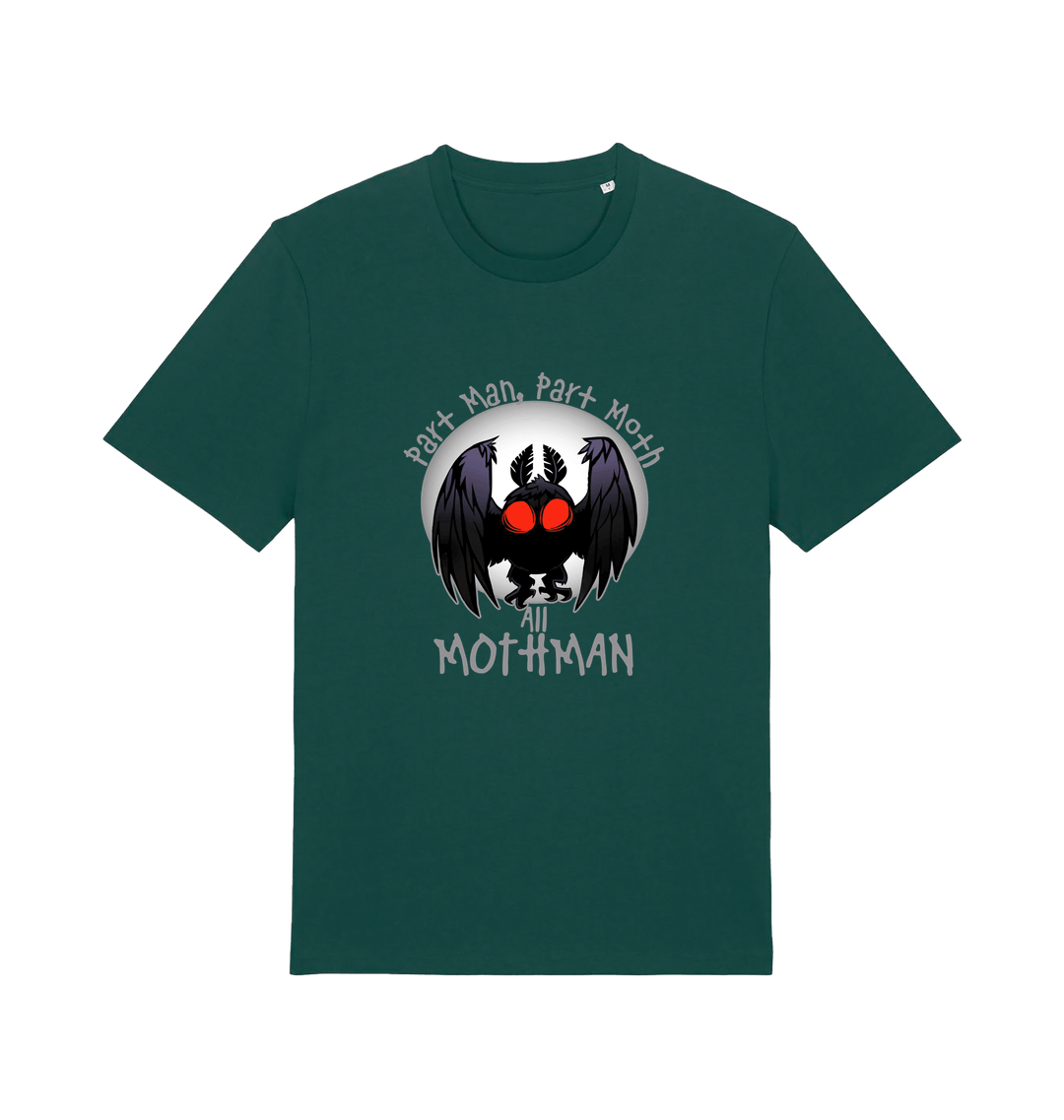 green gaming t-shirt with the graphic of a mothman and the slogan 'part man, part moth, all mothman'