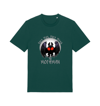 green gaming t-shirt with the graphic of a mothman and the slogan 'part man, part moth, all mothman'