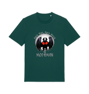green gaming t-shirt with the graphic of a mothman and the slogan 'part man, part moth, all mothman'