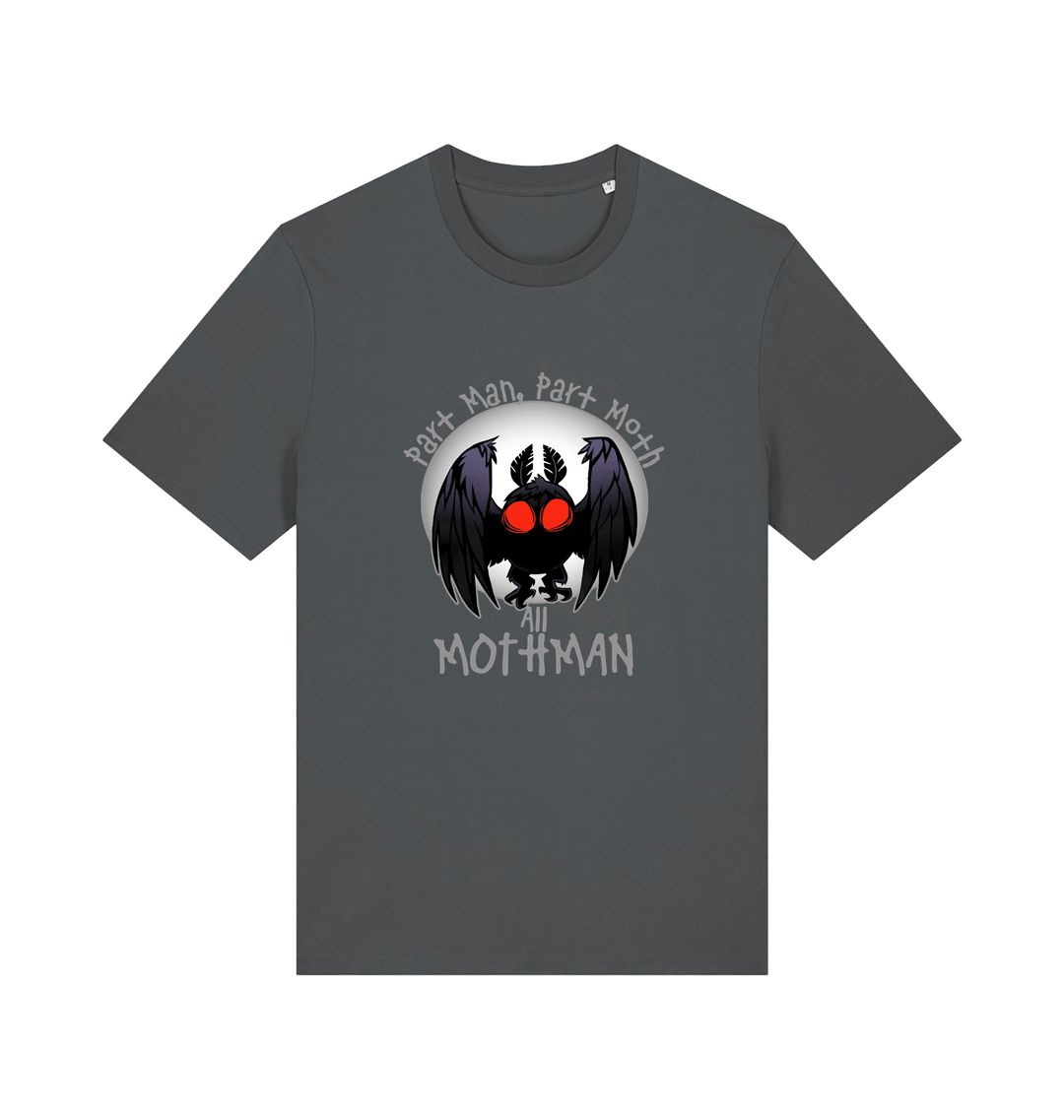 grey gaming t-shirt with the graphic of a mothman and the slogan 'part man, part moth, all mothman'