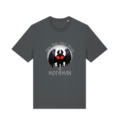 grey gaming t-shirt with the graphic of a mothman and the slogan 'part man, part moth, all mothman'