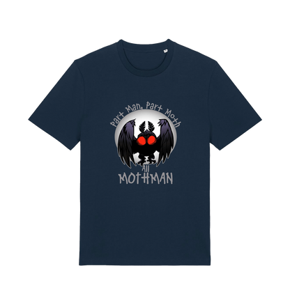 navy gaming t-shirt with the graphic of a mothman and the slogan 'part man, part moth, all mothman'