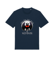 navy gaming t-shirt with the graphic of a mothman and the slogan 'part man, part moth, all mothman'
