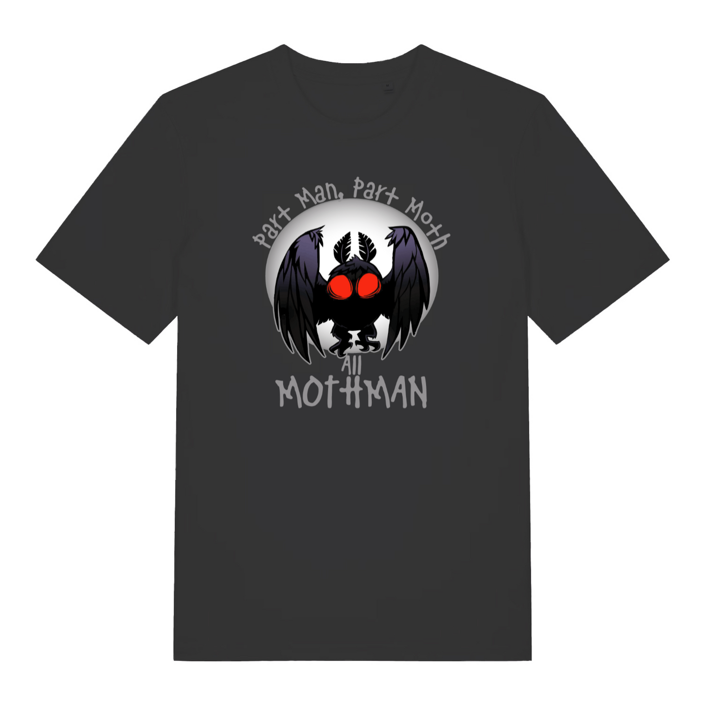 Black gaming t-shirt with a Mothman graphic and the slogan 'part man, part moth, all mothman'