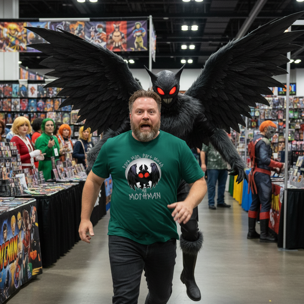 Man in a green t-shirt with a superhero design at a comic book convention, with a large black winged creature behind him.