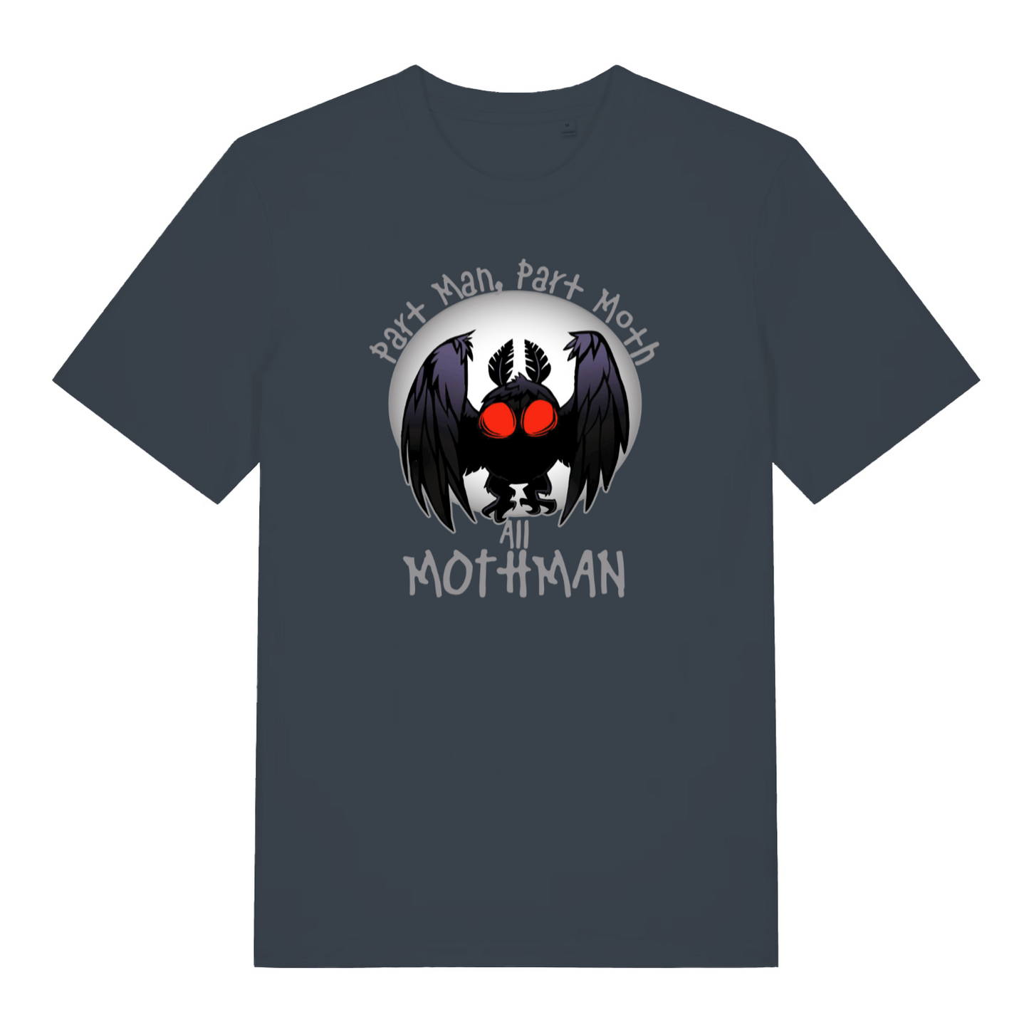 ink grey gaming t-shirt with a Mothman graphic and the slogan 'part man, part moth, all mothman'