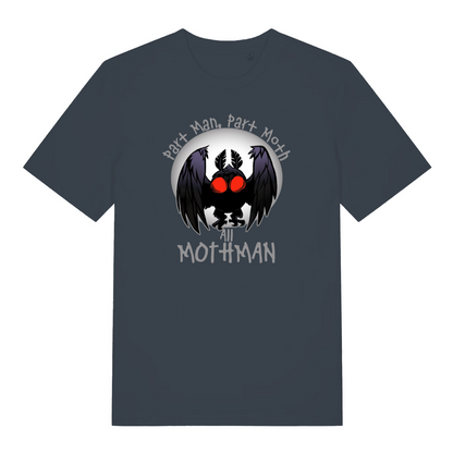 ink grey gaming t-shirt with a Mothman graphic and the slogan 'part man, part moth, all mothman'