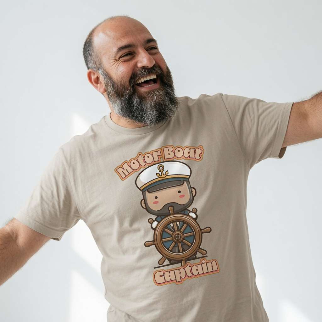 Bearded man laughing with arms out in beige Motor Boat Captain tee, cheeky fun kawaii captain boating pun graphic