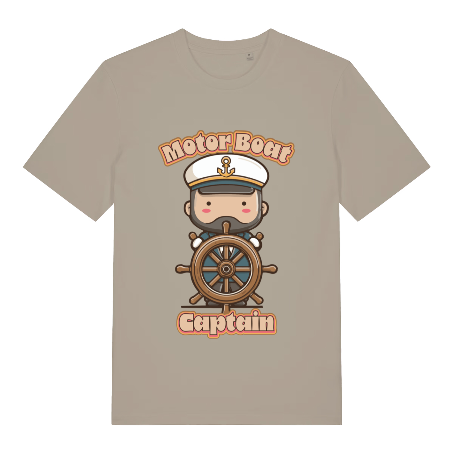 Beige Motor Boat Captain funny graphic t-shirt with cute kawaii captain at the ship’s wheel  