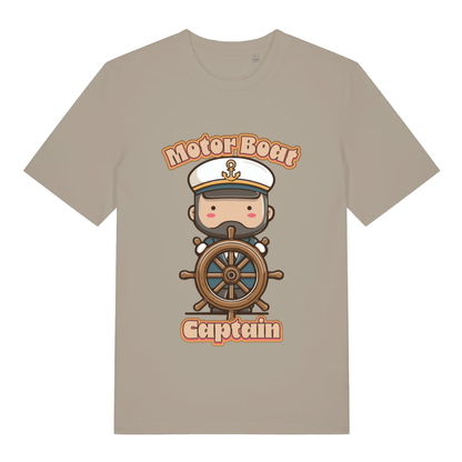 Beige Motor Boat Captain funny graphic t-shirt with cute kawaii captain at the ship’s wheel  
