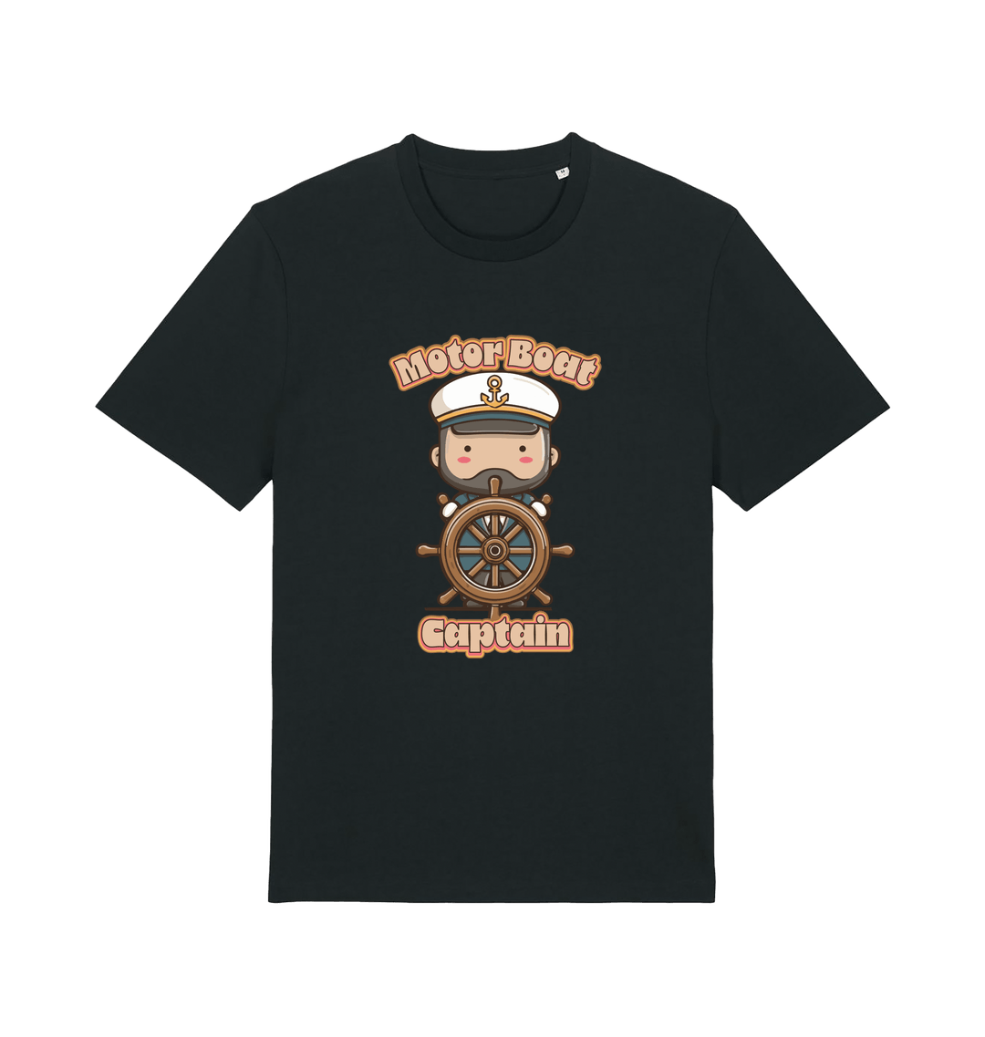 Black kawaii t-shirt with a cartoon character of a captain and the slogan 'Motor Boat Captain' 