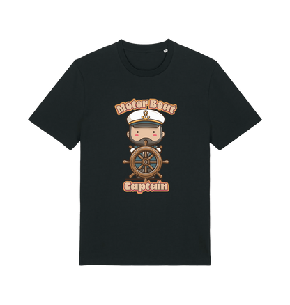 Black kawaii t-shirt with a cartoon character of a captain and the slogan 'Motor Boat Captain' 