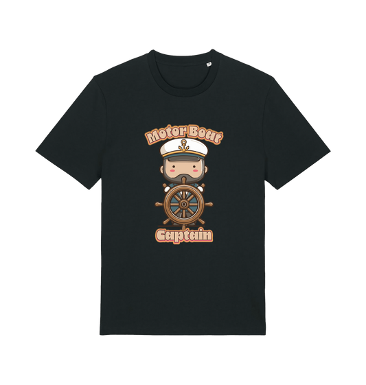 Black kawaii t-shirt with a cartoon character of a captain and the slogan 'Motor Boat Captain' 