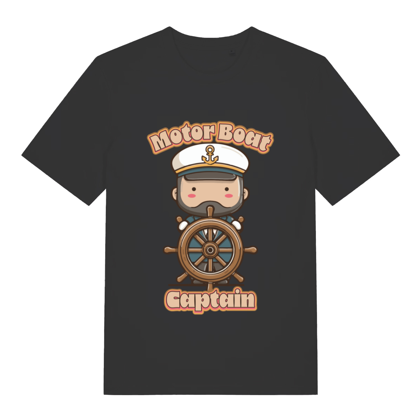 Black Motor Boat Captain funny graphic t-shirt featuring bearded skipper and bold lettering  