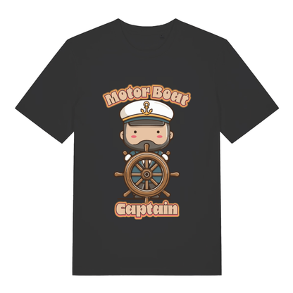 Black Motor Boat Captain funny graphic t-shirt featuring bearded skipper and bold lettering  