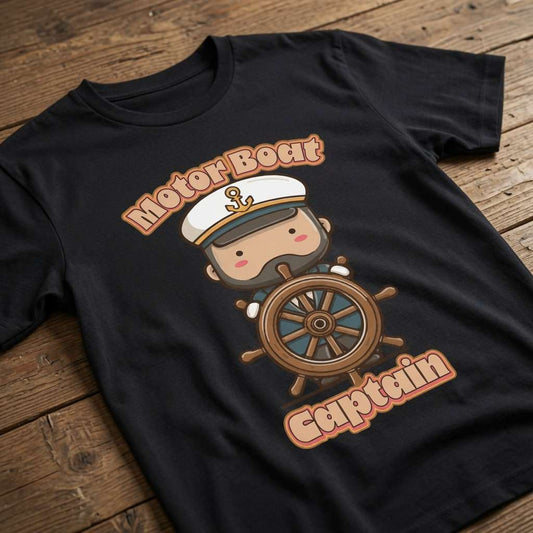 Black Motor Boat Captain t-shirt on wood with captain design, mens funny witty captain pun graphic