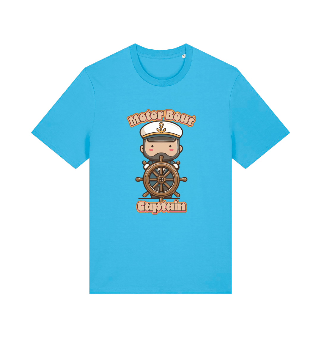blue kawaii t-shirt with a cartoon character of a captain and the slogan 'Motor Boat Captain' 