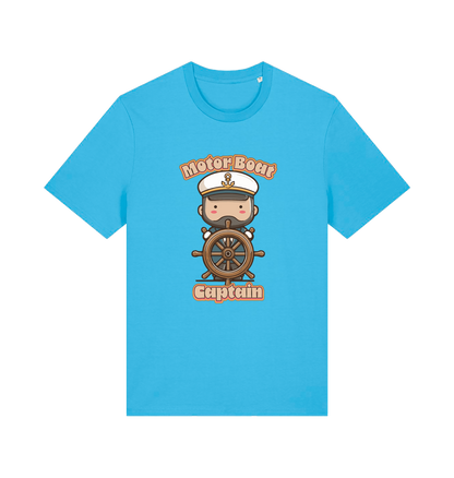 blue kawaii t-shirt with a cartoon character of a captain and the slogan 'Motor Boat Captain' 