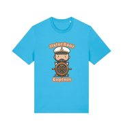 blue kawaii t-shirt with a cartoon character of a captain and the slogan 'Motor Boat Captain' 