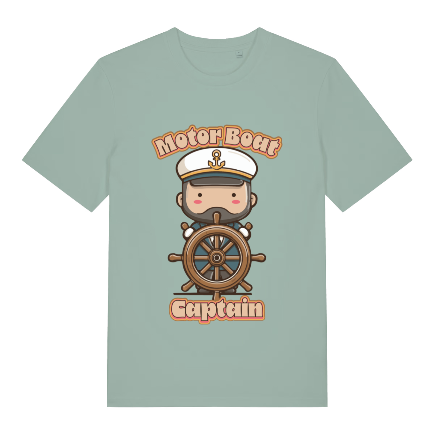 Light green Motor Boat Captain funny graphic t-shirt with kawaii captain and “Motor Boat” text  