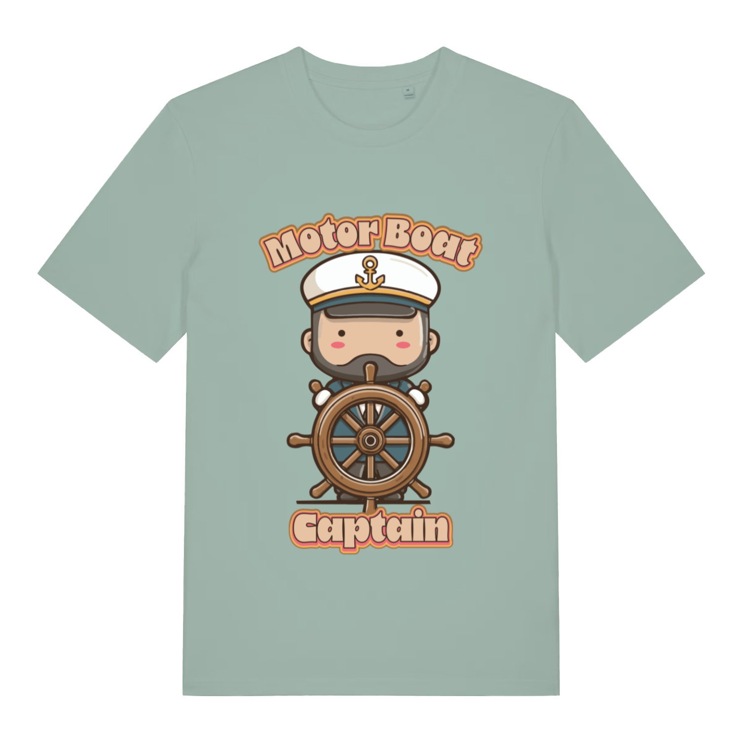 Light green Motor Boat Captain funny graphic t-shirt with kawaii captain and “Motor Boat” text  