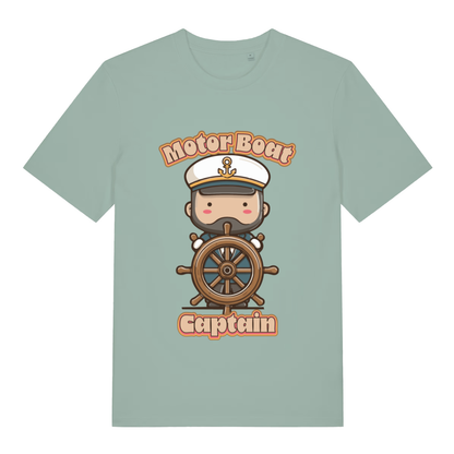 Light green Motor Boat Captain funny graphic t-shirt with kawaii captain and “Motor Boat” text  