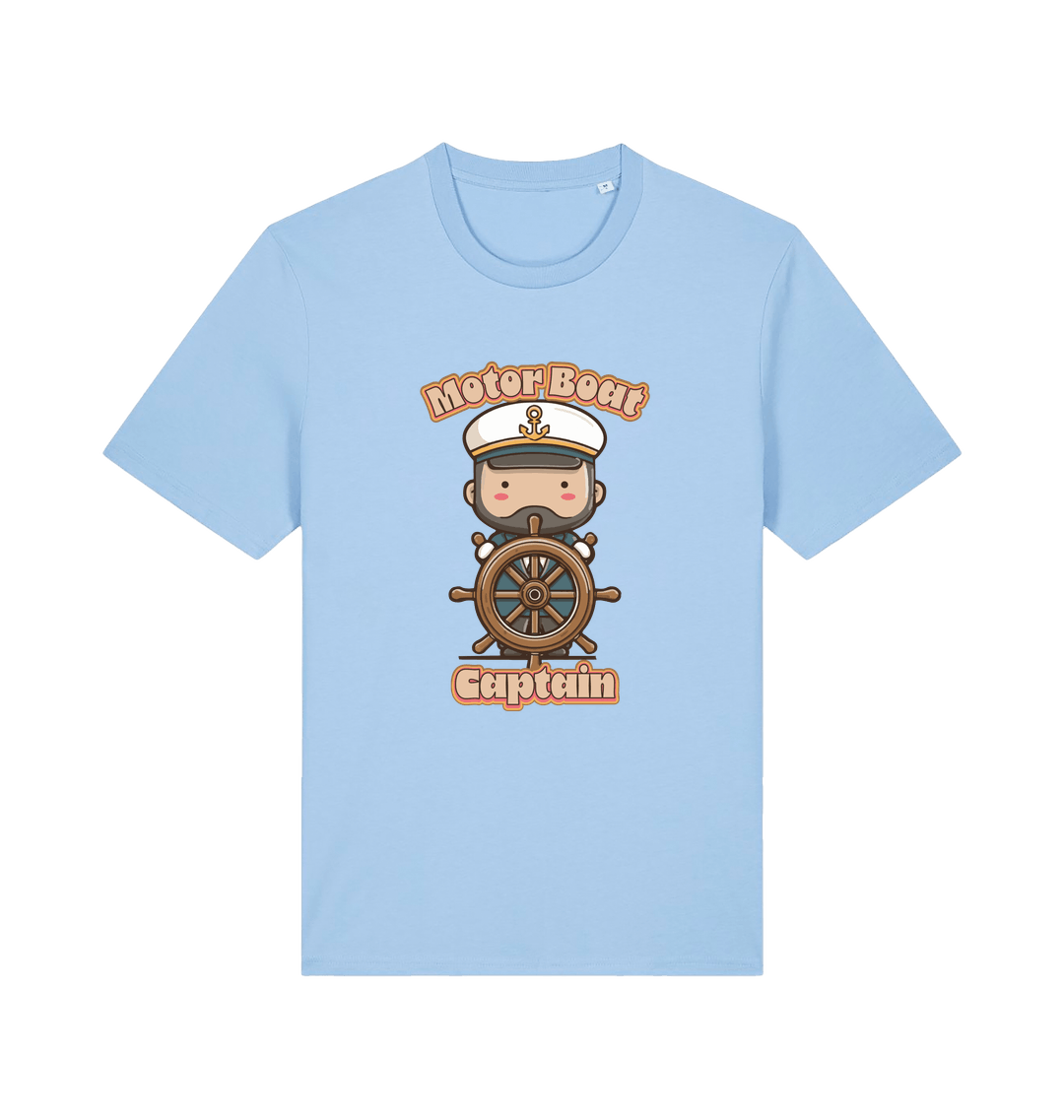 light blue kawaii t-shirt with a cartoon character of a captain and the slogan 'Motor Boat Captain' 