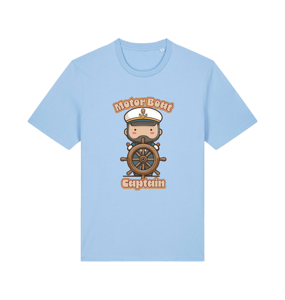light blue kawaii t-shirt with a cartoon character of a captain and the slogan 'Motor Boat Captain' 