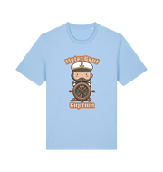 light blue kawaii t-shirt with a cartoon character of a captain and the slogan 'Motor Boat Captain' 