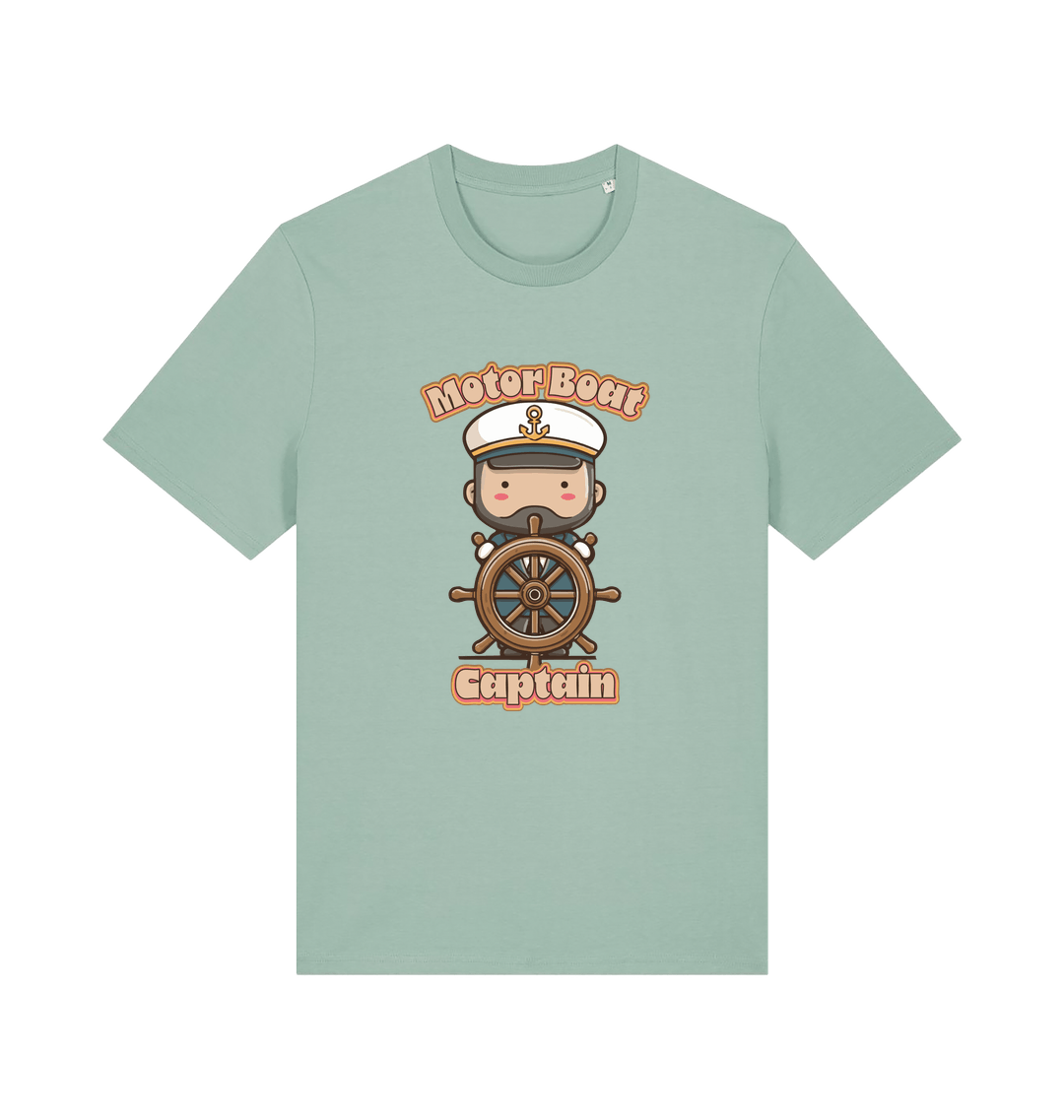 mint green kawaii t-shirt with a cartoon character of a captain and the slogan 'Motor Boat Captain' 