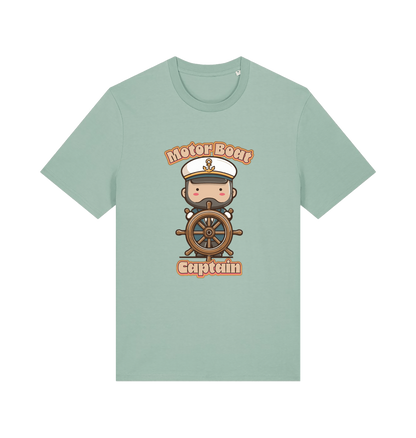 mint green kawaii t-shirt with a cartoon character of a captain and the slogan 'Motor Boat Captain' 