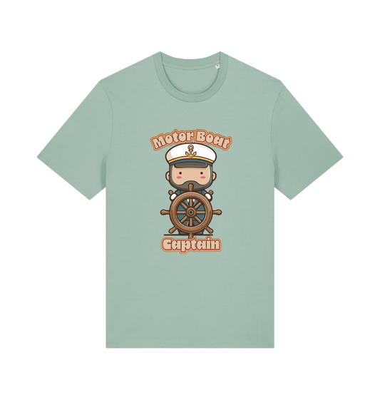 mint green kawaii t-shirt with a cartoon character of a captain and the slogan 'Motor Boat Captain' 