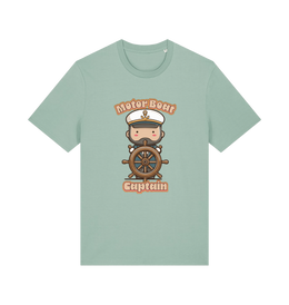 mint green kawaii t-shirt with a cartoon character of a captain and the slogan 'Motor Boat Captain' 