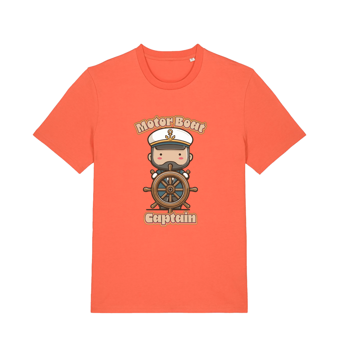 orange kawaii t-shirt with a cartoon character of a captain and the slogan 'Motor Boat Captain' 