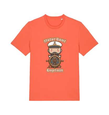 orange kawaii t-shirt with a cartoon character of a captain and the slogan 'Motor Boat Captain' 